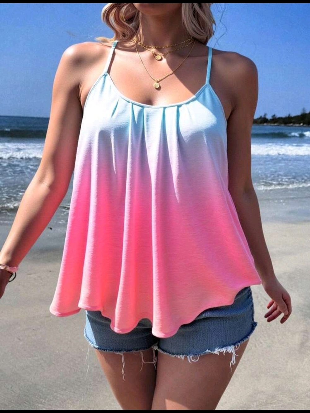 Women's Ombre Pink to Light Blue Spaghetti Strap Tank Top